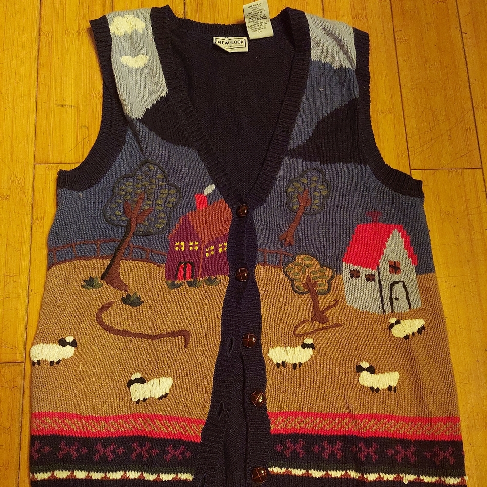 Womens country vest with sheep in fields